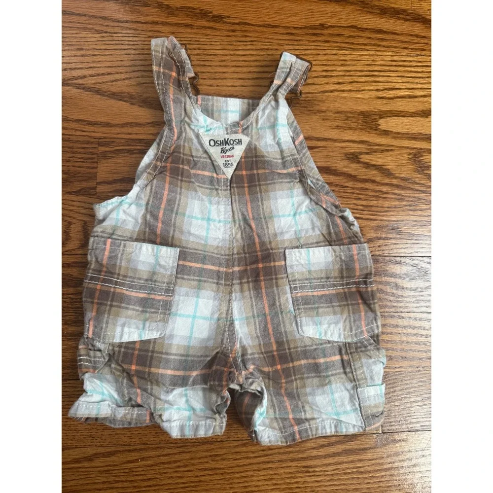 OshKosh Bgosh Baby Boys Plaid Shortall Overalls Brown Orange 3-6 Months
